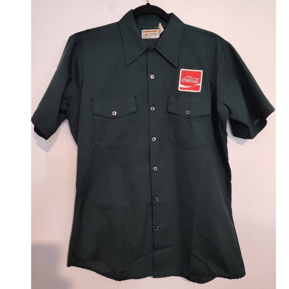 Vintage Riverside Coca Cola Work Shirt Green Short Sleeve Patch Medium PermaNeat